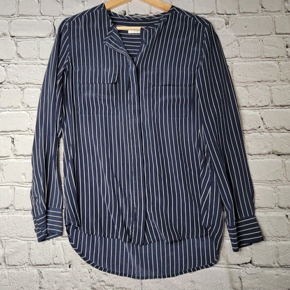 Equipment Femme Lynn Pinstripe Silk Blouse Peacoat Navy Blue Bright White Sz S‎